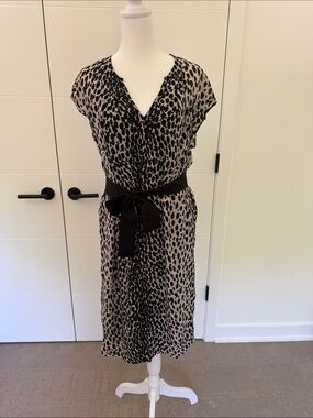 Talbots Taupe and Black Leopard-Print Midi Dress with Black Sash